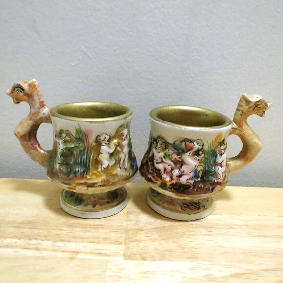 M.A.S. R. Capodimonte X2 Demitasse Cup Mug 3" Cherubs Dragon Handled Italy - Picture 1 of 6